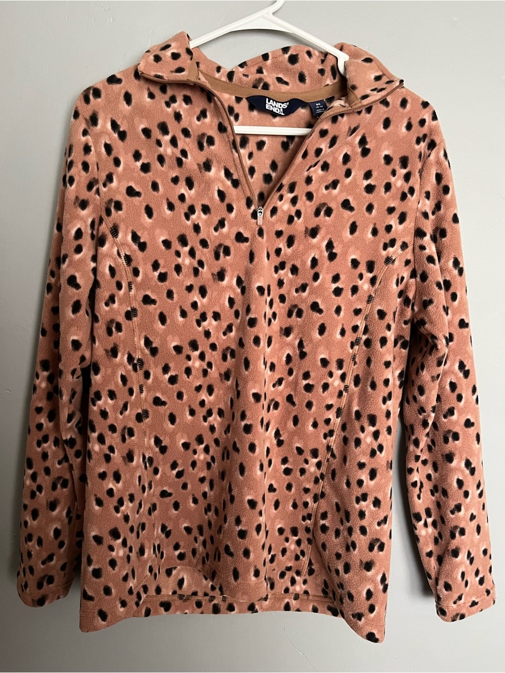 Lands' End Plush Quarter-Zip Pullover in Tan with Cheetah Print